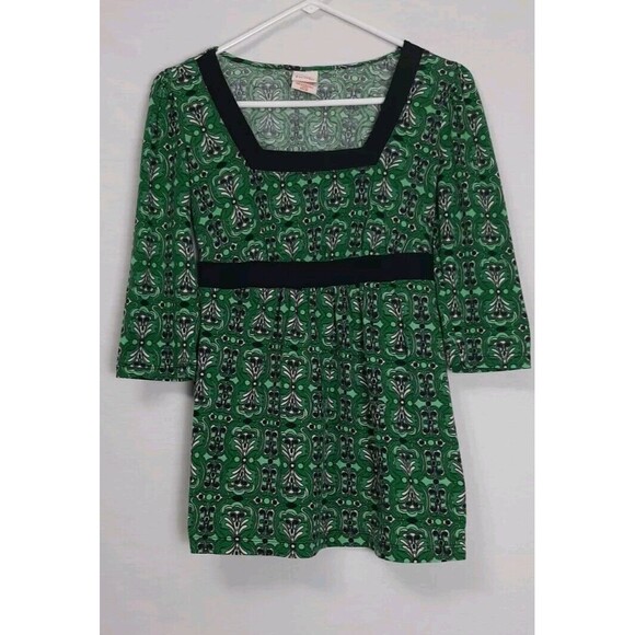 Faded Glory Womens Medium 8-10 Flowy 3/4 Sleeve Top Geometric Green Stretch Tie - Picture 1 of 6